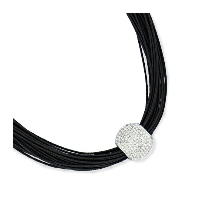 Collier multifils en cuir noir, sphère brillante en acier & cristaux - Nyx