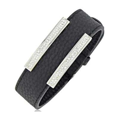bracelet manchette cuir noir zircon femme