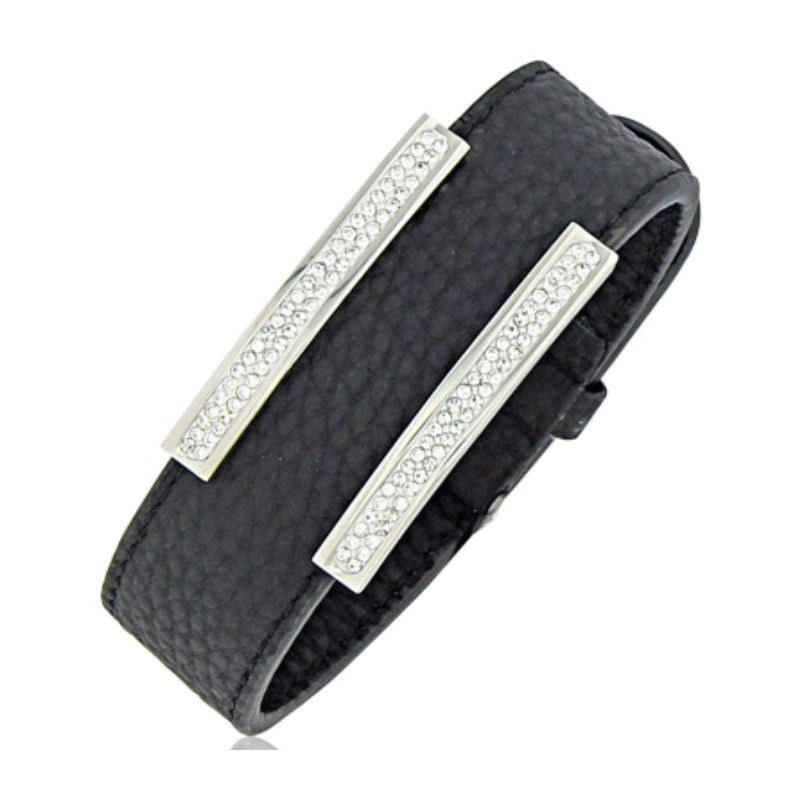 bracelet manchette cuir noir zircon femme