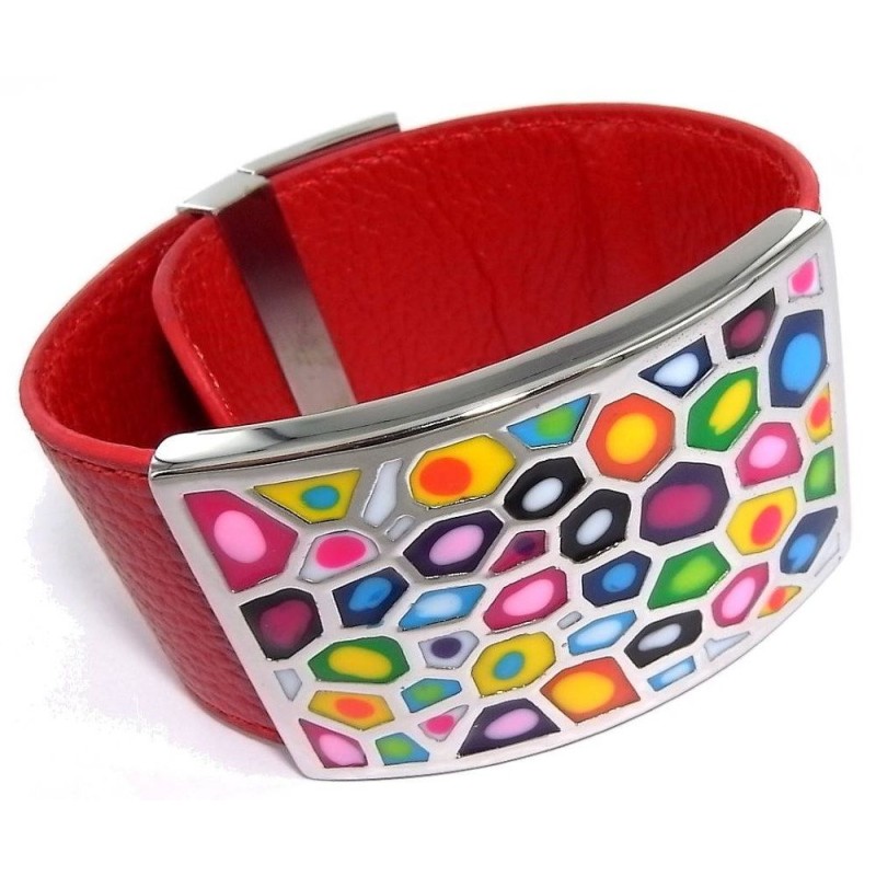 Bracelet Gamy's cuir rouge, acier et émail Coloré, Shelly Bracelet Gamy's cuir rouge, acier et émail Coloré, Shelly