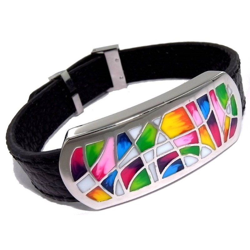 Bracelet Gamy's cuir noir, acier et émail Coloré, Melly Bracelet Gamy's cuir noir, acier et émail Coloré, Melly