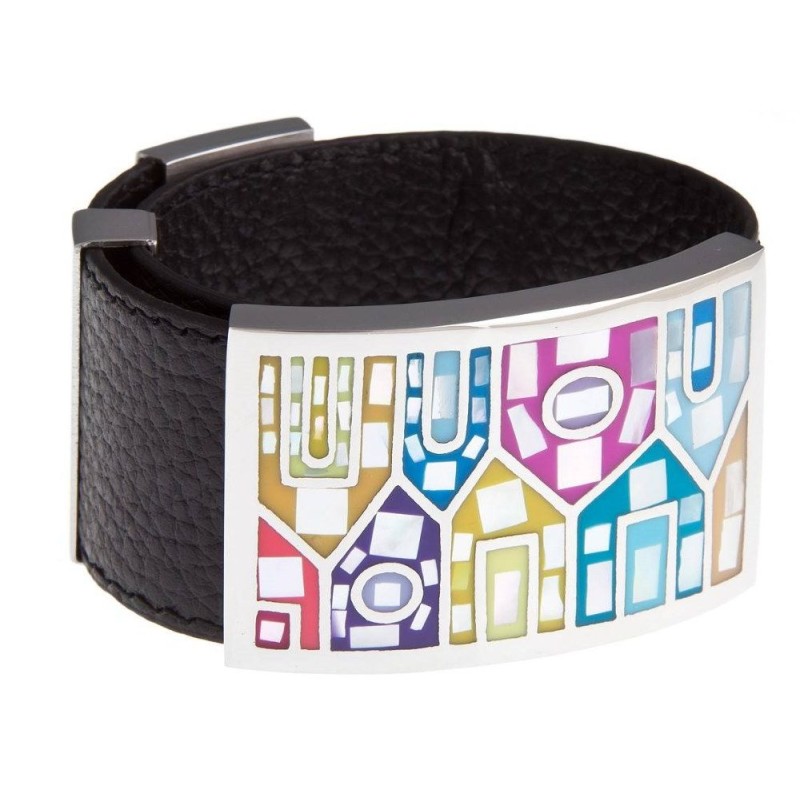 Bracelet Gamy's cuir noir, acier et émail Coloré, Shelly Bracelet Gamy's cuir noir, acier et émail Coloré, Shelly