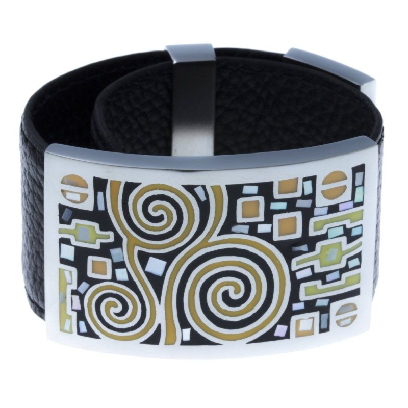 Bracelet Gamy's cuir noir, acier et émail orange, Shelly Bracelet Gamy's cuir noir, acier et émail orange, Shelly