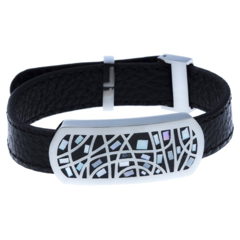 Bracelet Gamy's cuir noir, acier, nacre, émail, Melly Bracelet Gamy's cuir noir, acier, nacre, émail, Melly