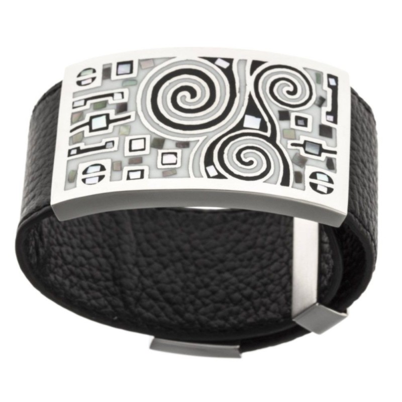 Bracelet Gamy's cuir noir, acier et émail gris, Shelly Bracelet Gamy's cuir noir, acier et émail gris, Shelly