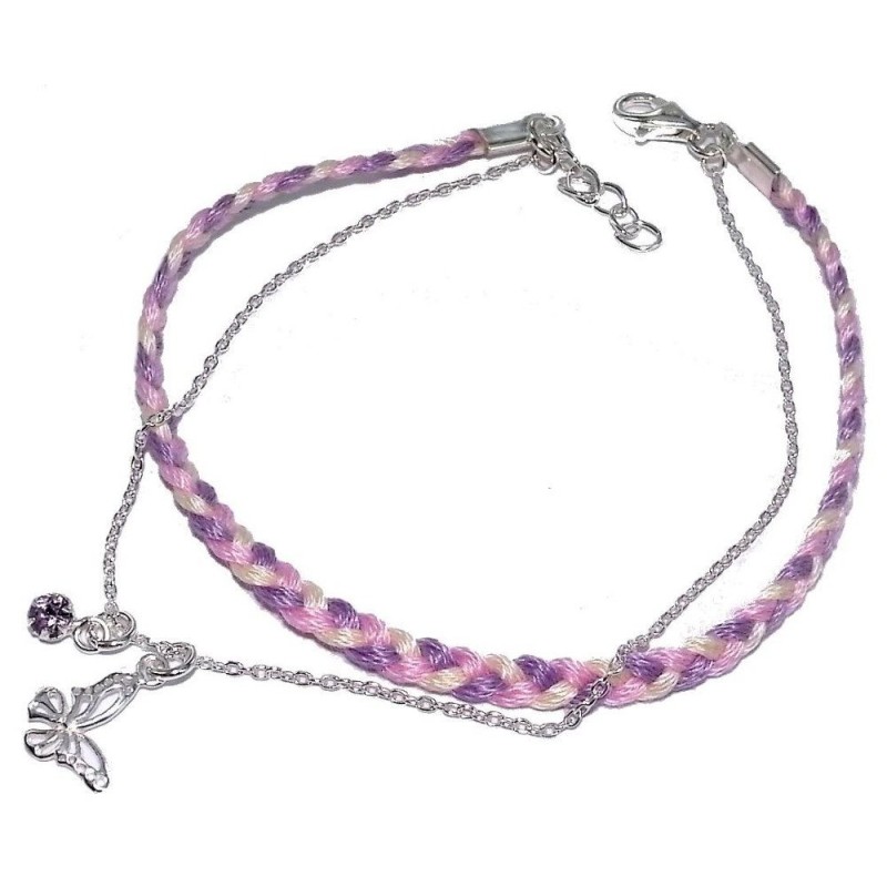 Gourmette cordon violet et en argent 925 pour femme, Mandara Gourmette cordon violet et en argent 925 pour femme, Mandara