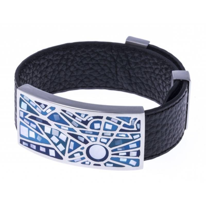 Bracelet amovible en cuir noir, acier et émail bleu Bracelet amovible en cuir noir, acier et émail bleu
