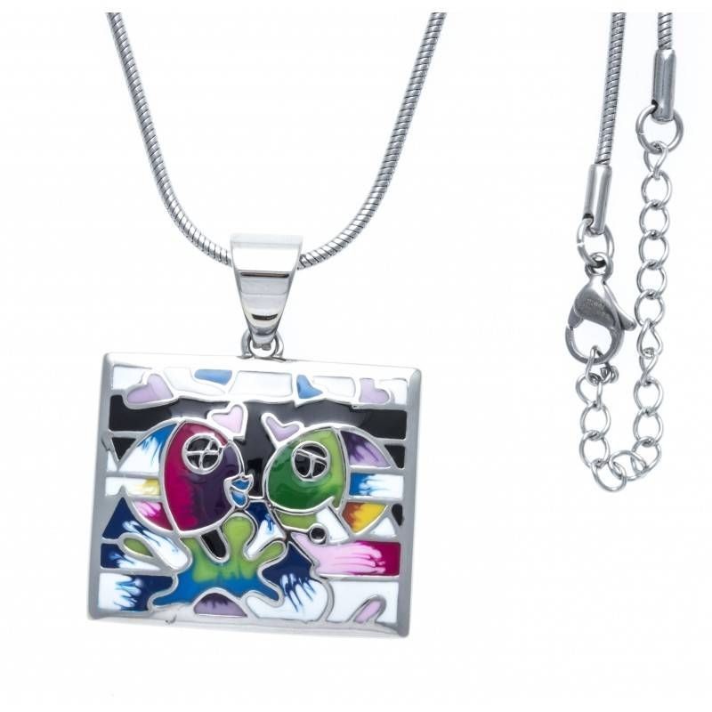 Collier pour femme en acier gris et émail coloré, Poisson Collier pour femme en acier gris et émail coloré, Poisson