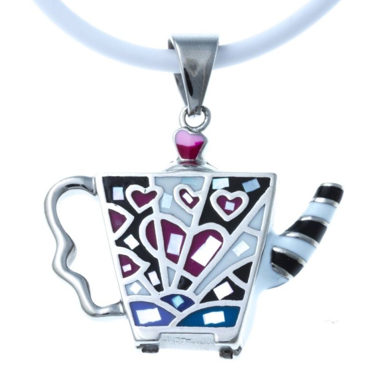 Collier acier, nacre et émail pour femme, Théière Collier acier, nacre et émail pour femme, Théière