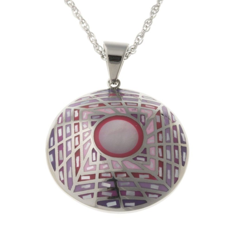 Collier de créateur pour femme, acier, nacre et émail rose Collier de créateur pour femme, acier, nacre et émail rose