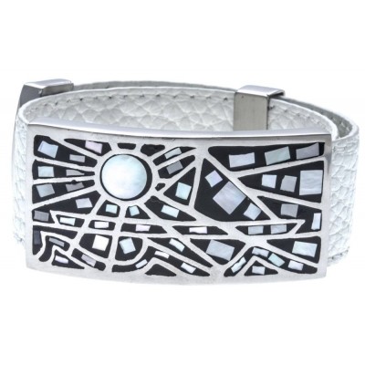 Bracelet Odena cuir blanc 2 cm, acier, émail pour femme - Vikkie - Lyn&Or Bijoux