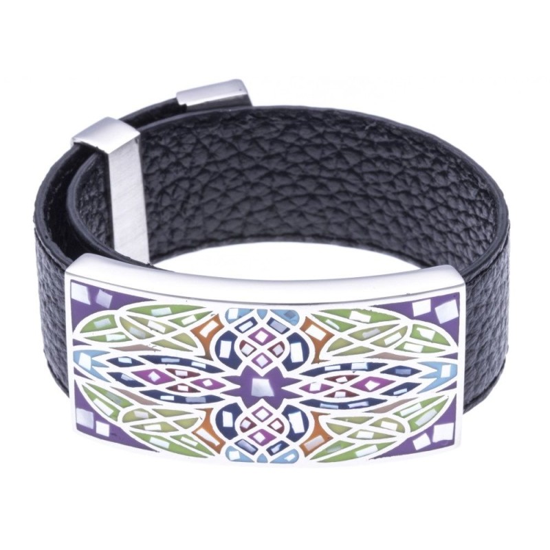 Bracelet Gamy's cuir noir 2 cm, acier et émail Coloré, India Bracelet Gamy's cuir noir 2 cm, acier et émail Coloré, India