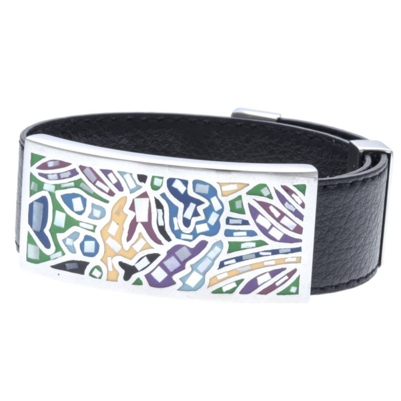 Bracelet Gamy's cuir noir 2 cm, décor acier et émail Coloré Bracelet Gamy's cuir noir 2 cm, décor acier et émail Coloré