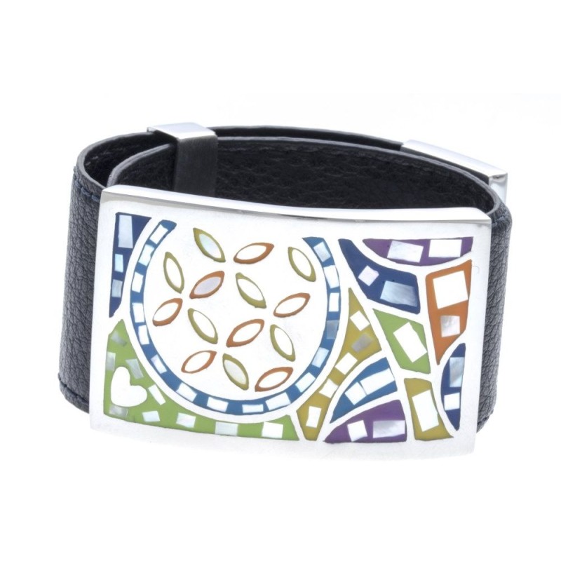 Bracelet Gamy's cuir noir 3 cm, acier et émail Coloré, Flavi Bracelet Gamy's cuir noir 3 cm, acier et émail Coloré, Flavi