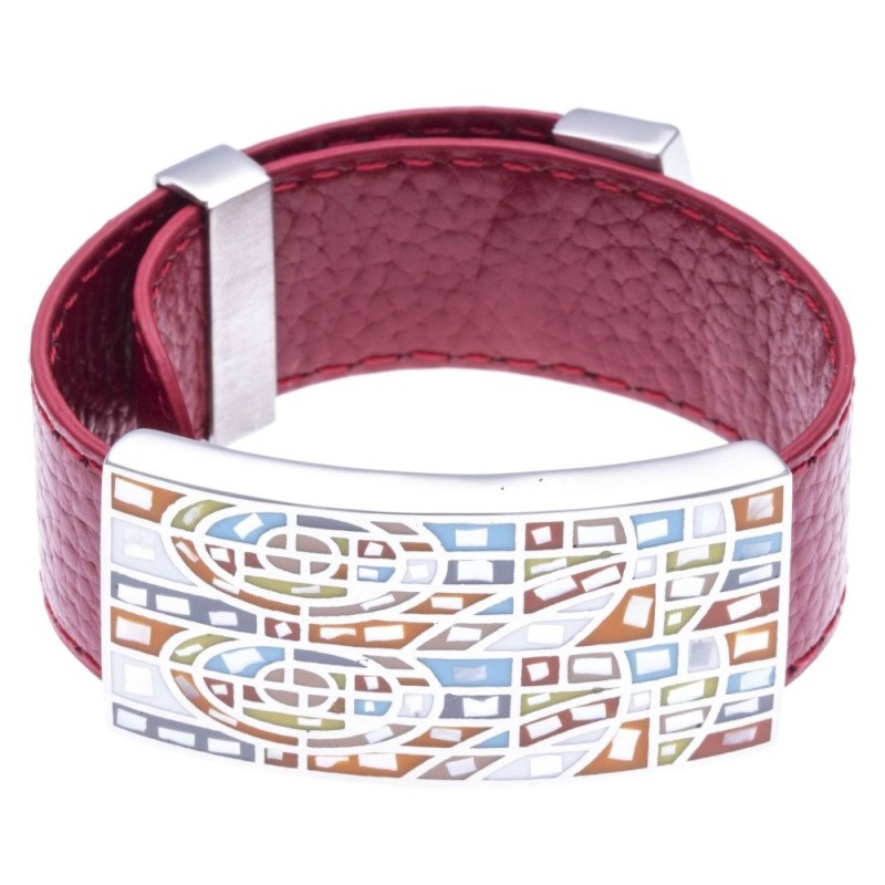 Bracelet Gamy's cuir rouge 2 cm, acier et émail Coloré, Raja Bracelet Gamy's cuir rouge 2 cm, acier et émail Coloré, Raja