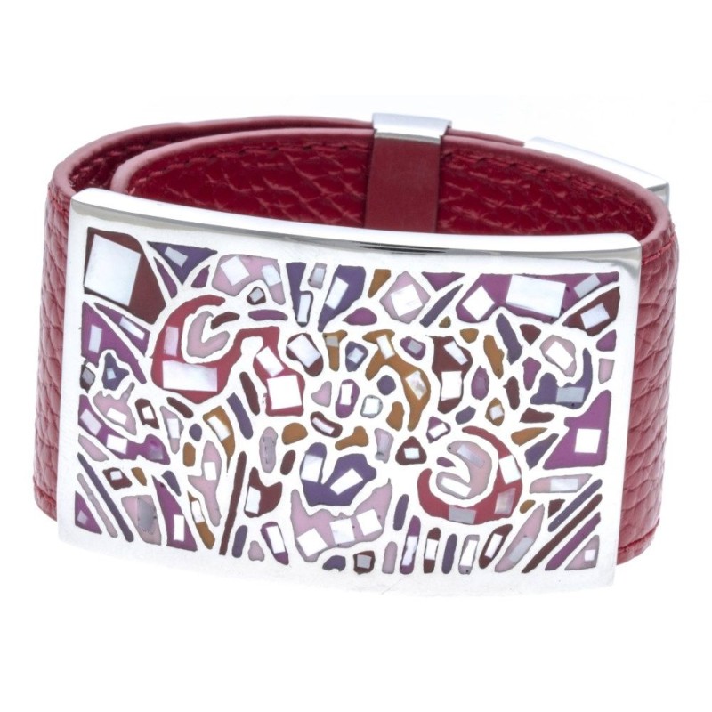 Bracelet Gamy's cuir rouge 3 cm, acier et émail Coloré, Kami Bracelet Gamy's cuir rouge 3 cm, acier et émail Coloré, Kami