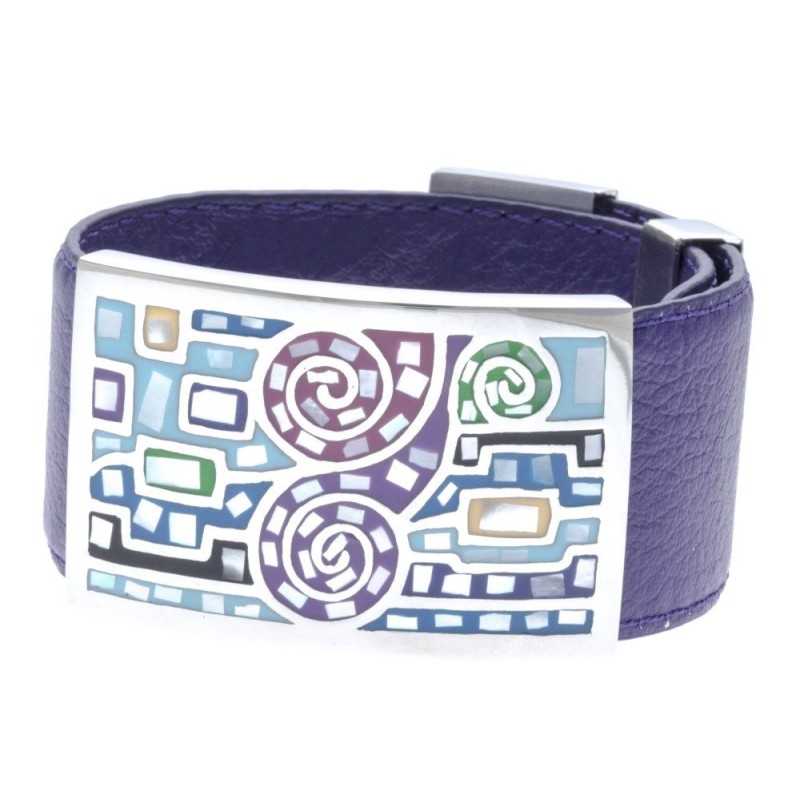 Bracelet Gamy's cuir violet 3 cm, acier et émail Coloré, Rafi Bracelet Gamy's cuir violet 3 cm, acier et émail Coloré, Rafi