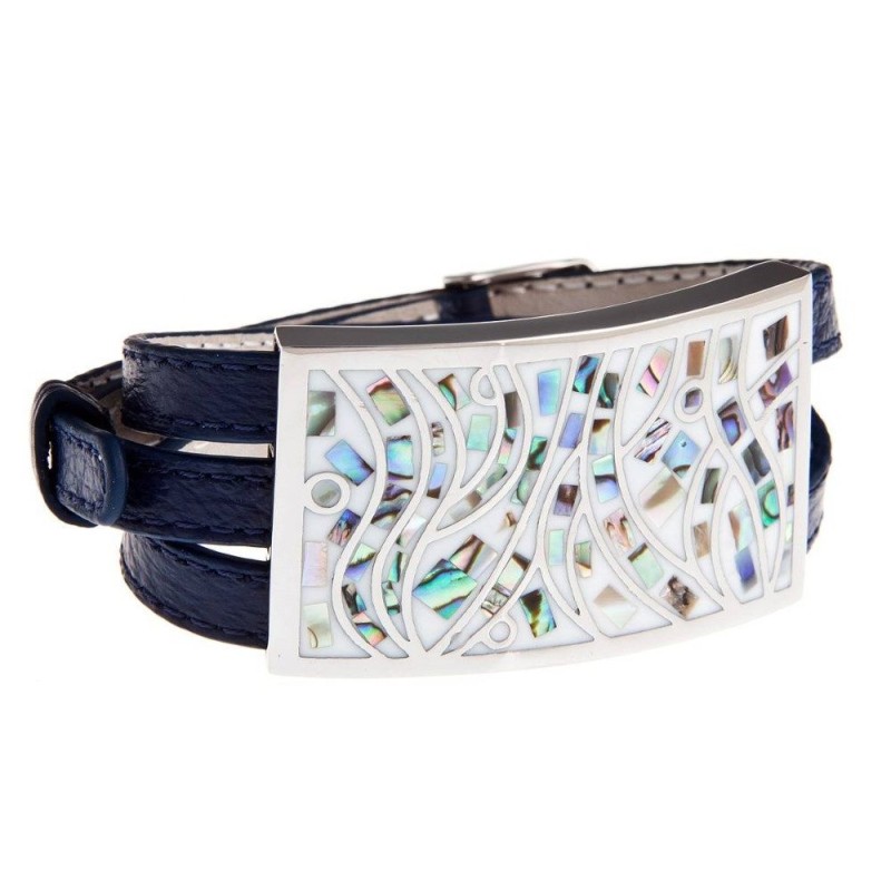 Bracelet Gamy's cuir bleu nuit, nacre et émail, Cambio Bracelet Gamy's cuir bleu nuit, nacre et émail, Cambio