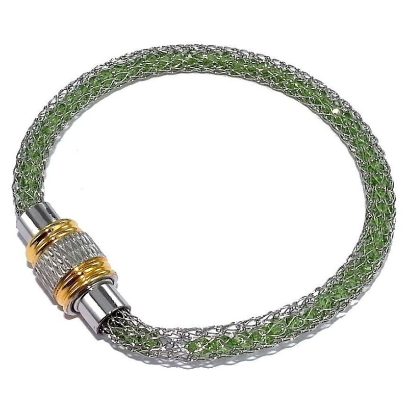 Bracelet aimanté acier inoxydable bicolore et cristal vert, Kaya Bracelet aimanté acier inoxydable bicolore et cristal vert, Kaya