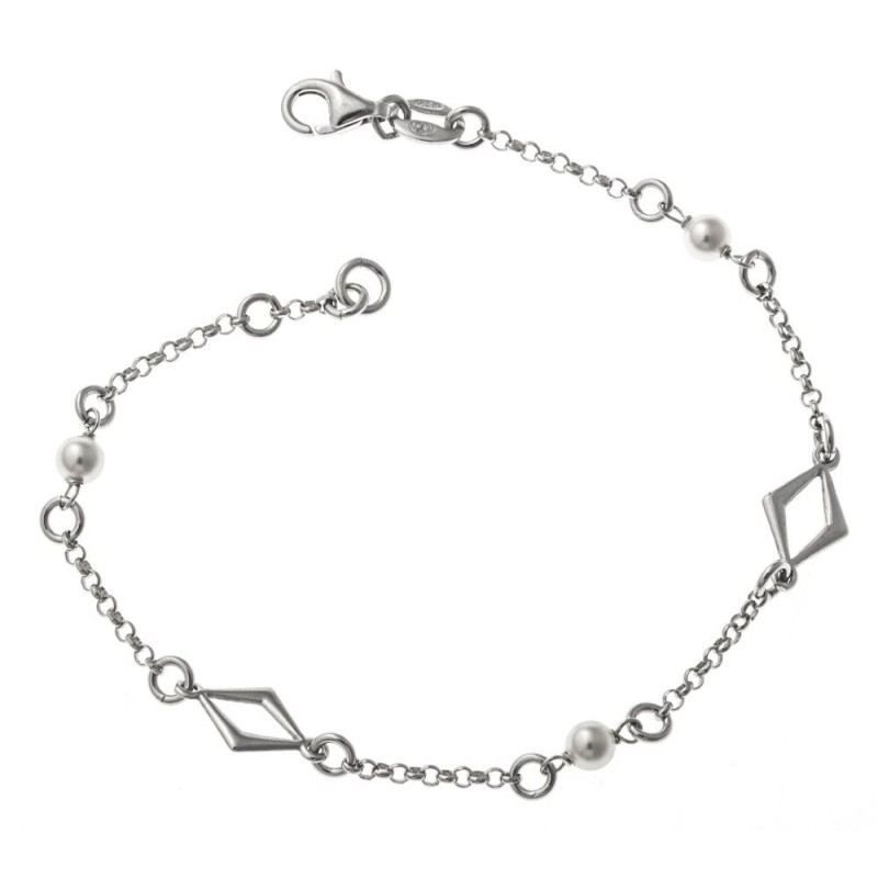 Gourmette en argent 925 rhodié et perle pour femme, Losange Gourmette en argent 925 rhodié et perle pour femme, Losange