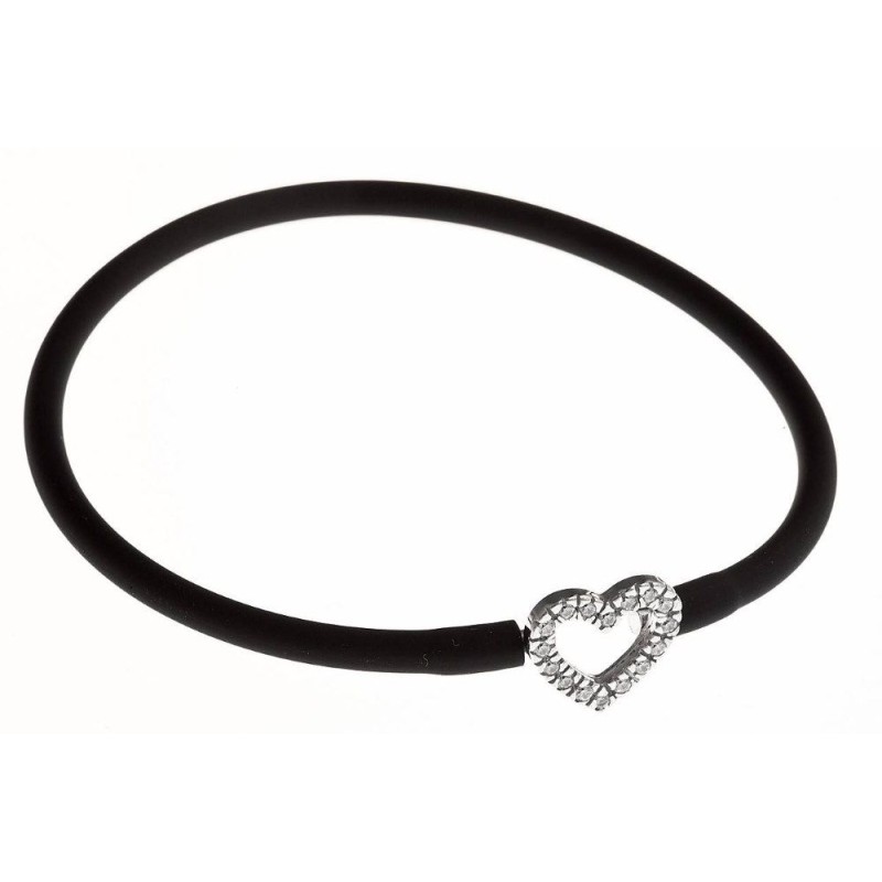 Bracelet silicone noir et en argent 925 rhodié pour femme, coeur Bracelet silicone noir et en argent 925 rhodié pour femme, coeur