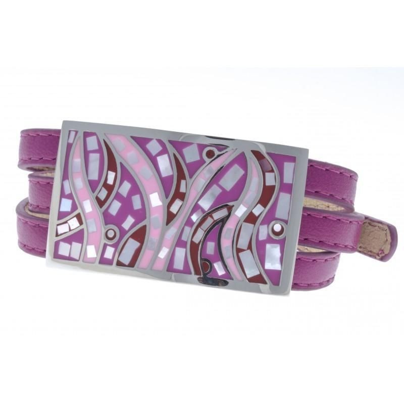 Bracelet 3 lanières cuir violet, acier et émail Coloré, Gamy's Bracelet 3 lanières cuir violet, acier et émail Coloré, Gamy's