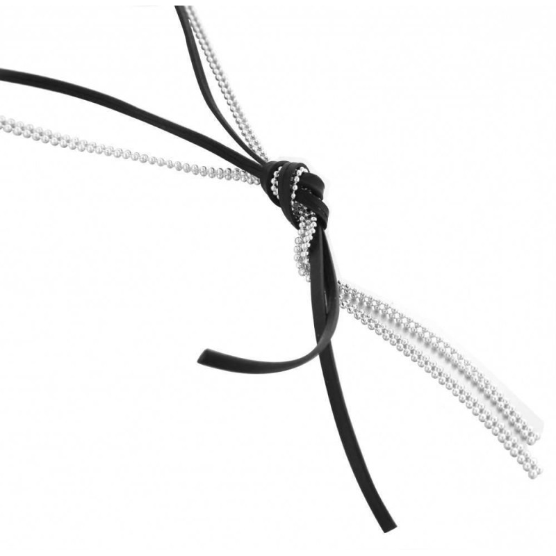 Collier de créateur original, sautoir en argent et cuir noir pour femme Collier de créateur original, sautoir en argent et cuir noir pour femme