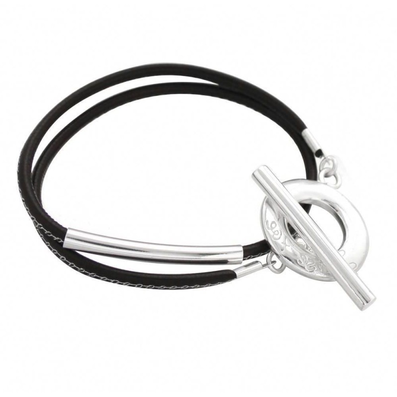 Bracelet de Créateur Zoé en argent 925 et cuir noir, Contrastes Bracelet de Créateur Zoé en argent 925 et cuir noir, Contrastes