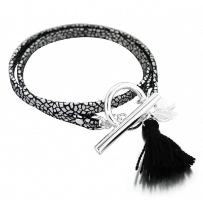 Bracelet en argent et cuir craquelé pour femme - Pompon noir - Lyn&Or Bijoux