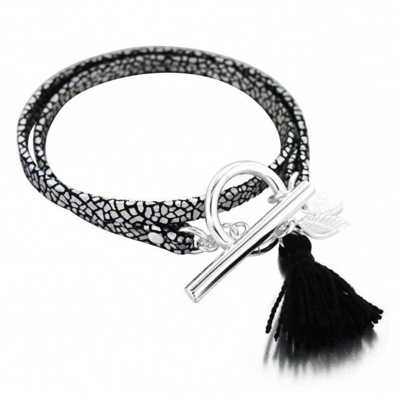 Bracelet double Zoé en argent 925 et cuir craquelé, Pompon noir Bracelet double Zoé en argent 925 et cuir craquelé, Pompon noir