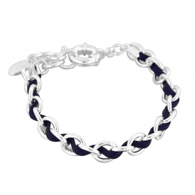 Bracelet double Zoé en argent 925 et cuir bleu, Entrelacs Bracelet double Zoé en argent 925 et cuir bleu, Entrelacs
