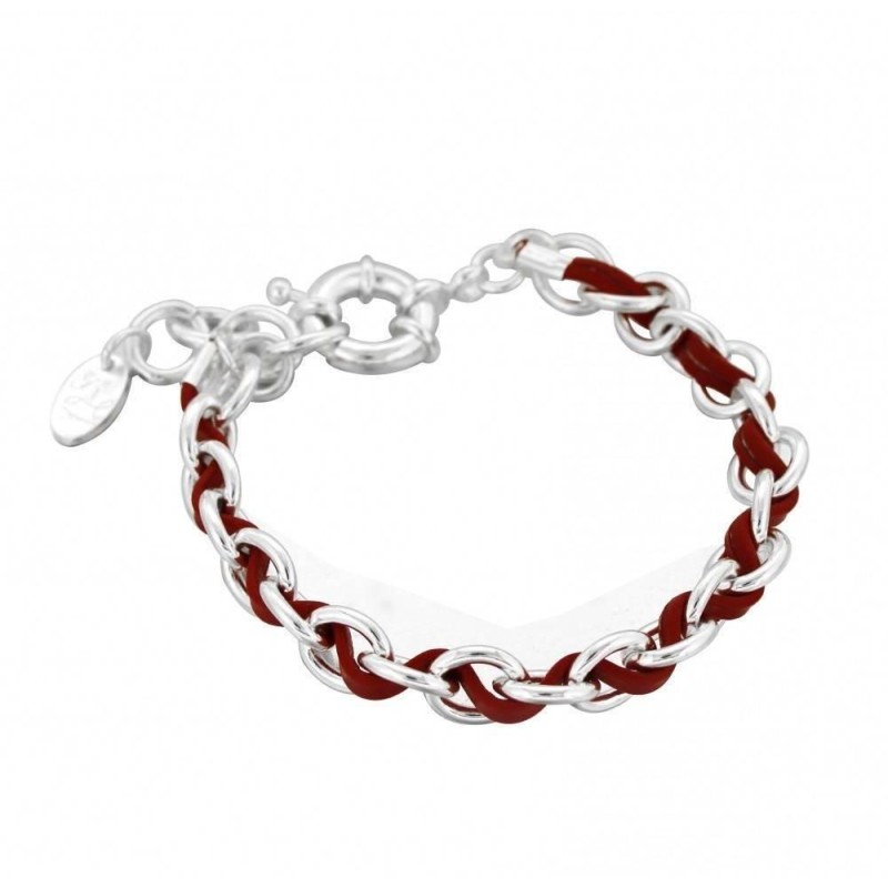Bracelet double Zoé en argent 925 et cuir rouge, Entrelacs Bracelet double Zoé en argent 925 et cuir rouge, Entrelacs