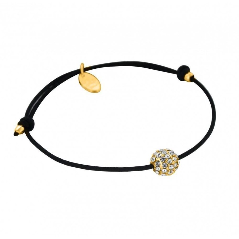 Bracelet plaqué or, cordon noir, Sphère de cristal de Swarovski Bracelet plaqué or, cordon noir, Sphère de cristal de Swarovski