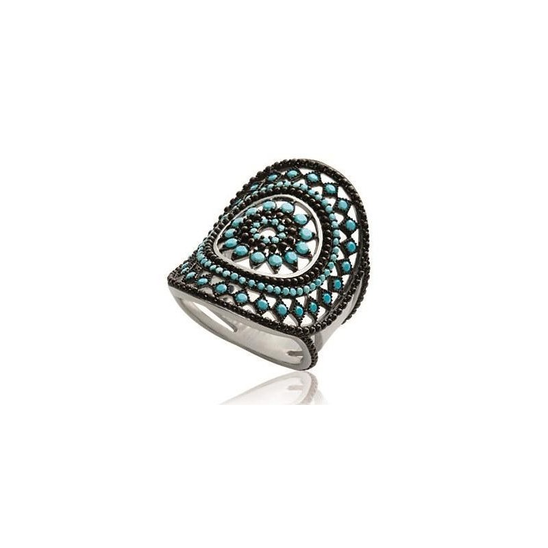 Grosse bague femme, argent et pierres turquoises, motif indien - Ydali - Lyn&Or Bijoux