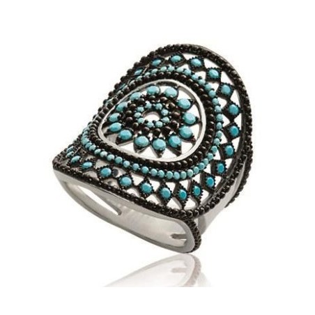 Grosse bague femme, argent et pierres turquoises, motif indien - Ydali - Lyn&Or Bijoux