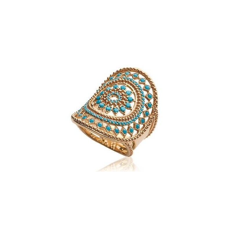 Grosse bague femme en plaqué or & pierres turquoises - Ydali