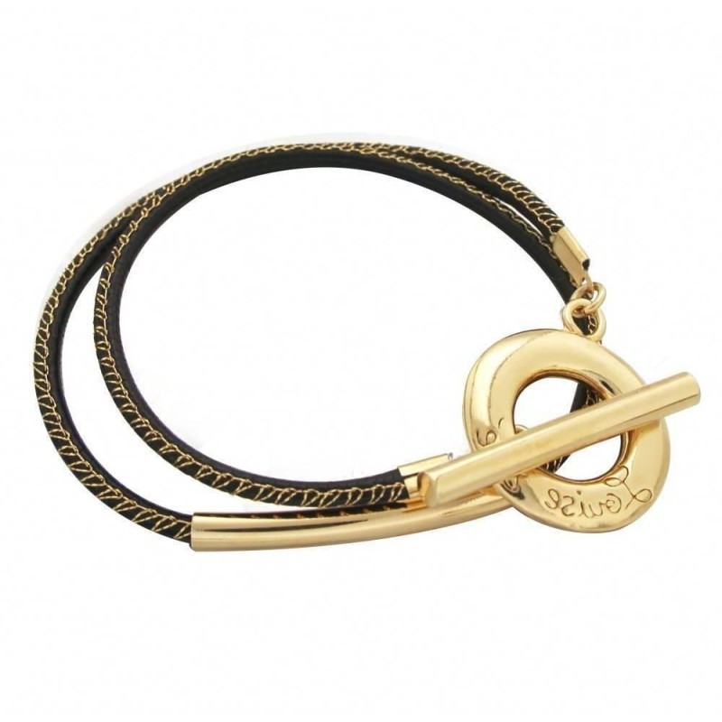 Bracelet de Créateur en plaqué or et cuir noir, Contrastes Bracelet de Créateur en plaqué or et cuir noir, Contrastes