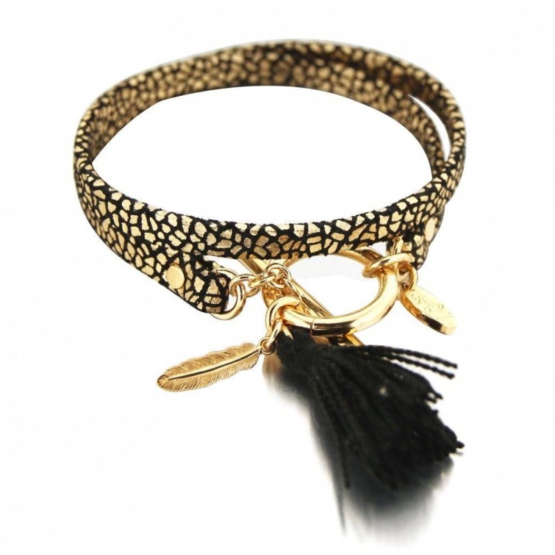 Bracelet créateur doré et noir en cuir pour femme - Pompon - Lyn&Or Bijoux
