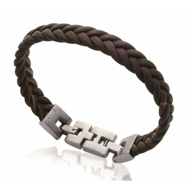 Bracelet tressé en cuir marron et acier pour homme - Saky - Lyn&Or Bijoux
