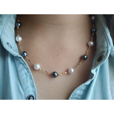 Collier perles grises et blanches en plaqué or pour femme - Lyn&Or Bijoux
