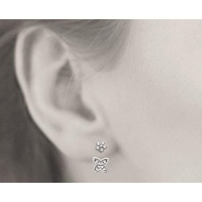 Boucles, lobes d'oreille fleurs en argent rhodié et zircon pour femme, Manille - Lyn&Or Bijoux