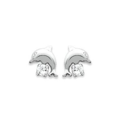 Boucles d'oreille enfant en argent et cristal blanc - Dauphin - Lyn&Or Bijoux