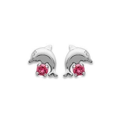 Boucles d'oreille fille en argent et cristal rose - Dauphin - Lyn&Or Bijoux