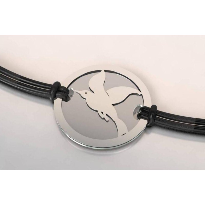Bracelet créateur, cordon réglable, Oiseau en acier et argent