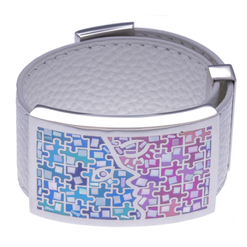 Bracelet amovible, cuir blanc, acier, émail rose & bleu, marque odena Bracelet amovible, cuir blanc, acier, émail rose & bleu, marque odena