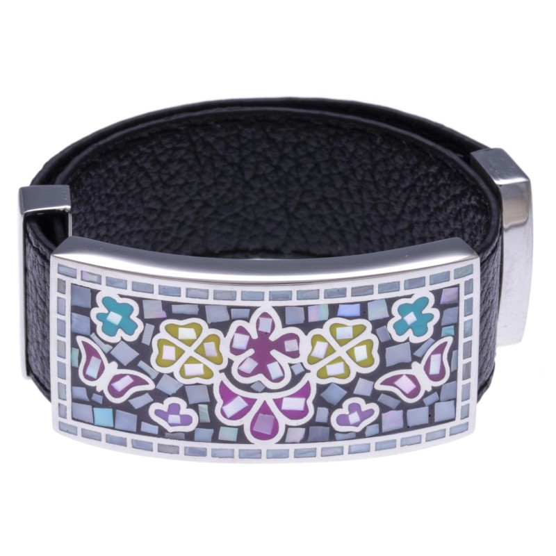 Bracelet cuir Odena, acier, émail noir, Papillon Bracelet cuir Odena, acier, émail noir, Papillon