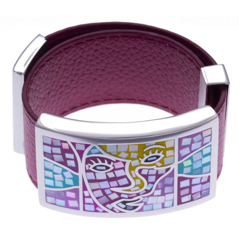 Bracelet modulable en cuir fuschia et acier, Carnaval, marque odena Bracelet modulable en cuir fuschia et acier, Carnaval, marque odena