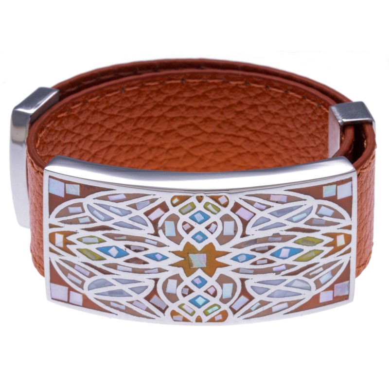 Bracelet cuir orange, émail et acier, marque Odena Bracelet cuir orange, émail et acier, marque Odena