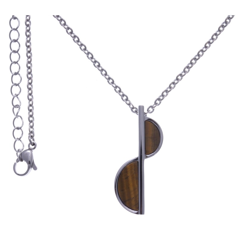 Collier femme avec pendentif acier et oeil de tigre brun Collier femme avec pendentif acier et oeil de tigre brun