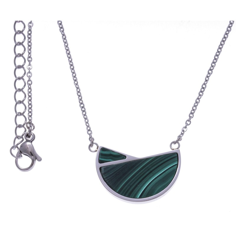 Collier femme, pendentif acier et Malachite verte Collier femme, pendentif acier et Malachite verte